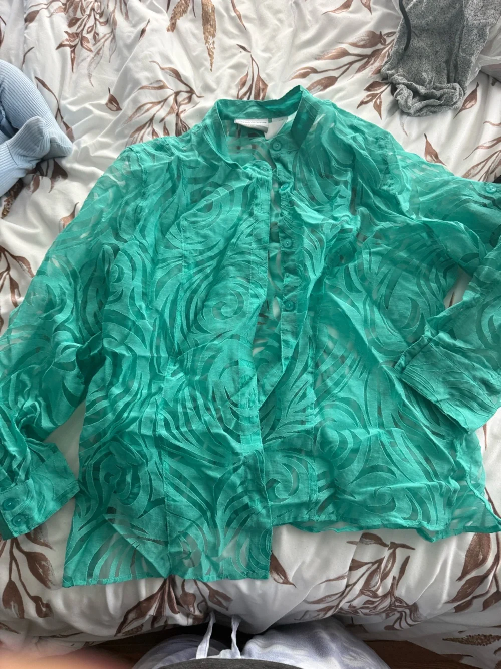Alfred Dunner Sheer Teal Swirl Button-Up Blouse